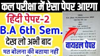 B.A 6th Semester Hindi Paper-2 Important Question 2025 | hindi 2nd paper ba 6th semester