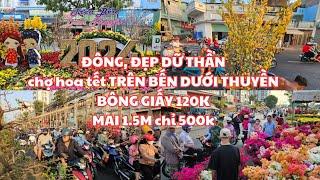 Chợ hoa tết TRÊN BẾN DƯỚI THUYỀN bến Bình Đông q.8, chiều 24 tết: ĐÔNG, ĐẸP DỮ THẦN, BÔNG GIẤY 120k!