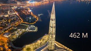 Lakhta Center 462 m. After sunset -- St. Petserburg [Drone 4K 60fps] Tallest building in Europe