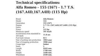 Alfa Romeo - 155 (167) - 1.7 T.S. (167.A4D,167.A4H) (115 Hp) - Technical specifications