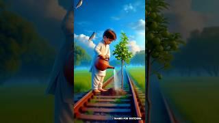 Small child looks like an apple tree on the railway track  #ai #child #tree #train