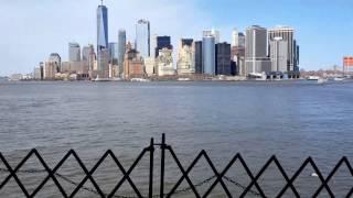 View of downtown New York City Manhattan from Staten Island Ferry