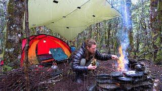 Tent CAMPING in the Rain - Solo - Campfire