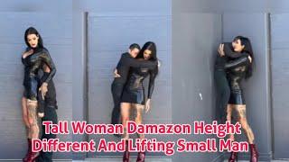 Tall curvy amazon woman height different and lift carry tiny man | Tall amazon woman meat small guy