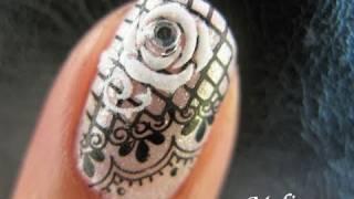 Konad Lace Stamping Nail Art Tutorial White Rhinestone Sticker Flower for short nails M57