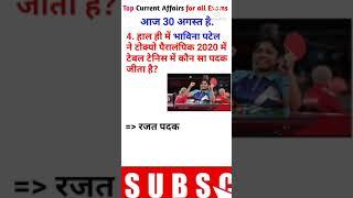 30 August | Top Current Affairs | For all Exams | CA Shorts EP 74 | #Shorts #CurrentAffairsInHindi