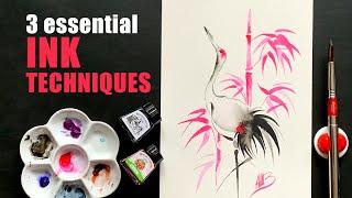 3 ESSENTIAL INK TECHNIQUES  #Inktober practice: Winsor & Newton Ink Painting Tutorial for Beginners