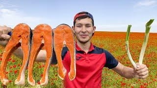 Cooking Salmon In Cream Sauce In The Middle of a Poppy Field | Beautiful Nature of Kyrgyzstan [4K]