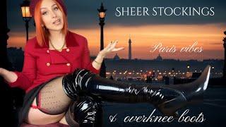 Alexis tries sheer black stockings  & shiny over knee pvc boots 