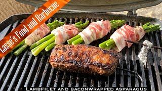 Lambfilet and baconwrapped asparagus on the weber q140 balcony cooker