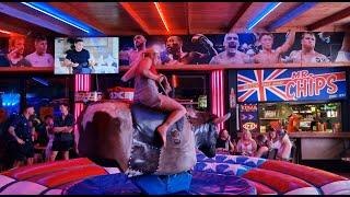 WHATT?!  CRAZY MECHANICAL BULL RIDING IN BENIDORM SPAIN 4k