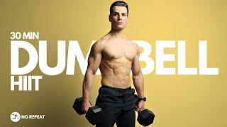 30 Min INTENSE Full body HIIT Workout With Dumbbells | No Repeat + ABS