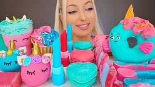 ASMR EATING PINK & BLUE FOOD, ICE CREAM, CAKE, EDIBLE SPOONS, LIPSTICK, JELLY, DONUT, MUKBANG, 컬러 먹방