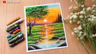 Sunset Nature Scenery Drawing with Oil Pastel | Step-by-Step Tutorial