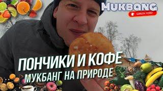 Мукбанг на ПРИРОДЕ кофе и пончики зимой. Выпало много снега. Mukbang on Nature