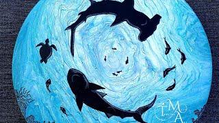 #20 Fluid Art #acrylicpaint #ringpour Ocean w/ Shark Silhouette Embellished Pour Taslima Maya Art 