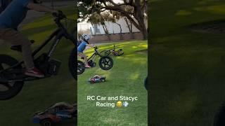 Racing RC cars and Stacycs. Best idea ever?  #familytime #balance bike #ebikes #bikefail #crash