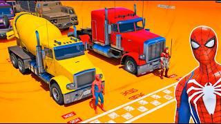 CARROS e CAMINHÕES com HOMEM ARANHA e HERÓIS! Desafio na Mega Rampa - IR GAMES