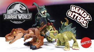 2021 Mattel Jurassic World Bendy Biters Review!!! Tyrannosaurus! Dilophosaurus! Velociraptor! Stego!