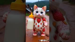  Cute White Cat red peel strawberry Drinking milk Dudi dudi dum dum Cute kitten 222 #cat#shorts