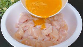 Cut chicken breast into small pieces and pour in egg mixture. Once you eat it, you won't forget,