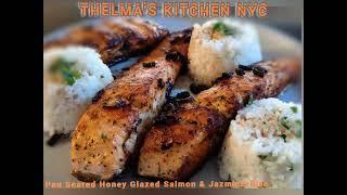 "Thelmas Kitchen NYC" Pan seared Honey Glazed Salmon with Jazmen Rice. 282east 174st Bx, Ny 10457