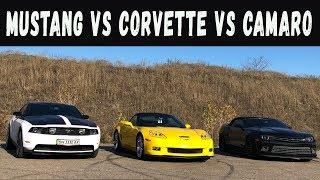 Гонка Масл Каров. Mustang GT 5.0 vs Corvette 6.2 vs Camaro SS 6.2