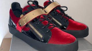 Giuseppe Zanotti Tylor Red Velvet Golden Bar Sneakers 4K