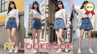 AI Lookbook #93 - Street White Blouse + Denim Skirt Fashion Female Model Illustration