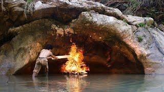 Build a Warm and Cozy Cave with Kitchen for Survival in 30 days, Water Wheel, fish trap, stone tools