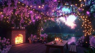  Enchanted Spring Garden  Cozy Fireplace Ambience with Soft Jazz