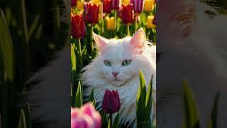 A white, fluffy cat dashes playfully through a vibrant field of blooming tulips #cat #love #meow