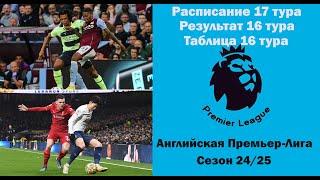 Английская Премьер-Лига (АПЛ): Расписание 17 тура, результат 16 тура, таблица 16 тура сезона 24/25