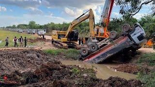 INCREDIBLE.!! Dump Trucks Failed Go Uphill & Skill Recovery Help By Huge Crane Truck 80Ton Excavator