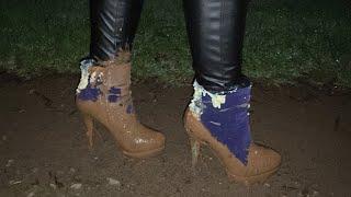 Custard filled suede ankle boots making squishy noises in mud. Dirty white socks. Messy shoe girl.