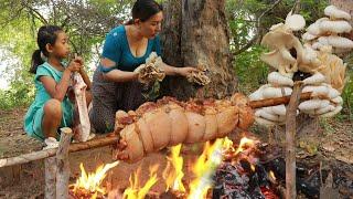 Pick up mushroom plant in rainforest- Roasted pork belly spicy with mushroom for dinner so delicious