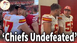 Travis Kelce hugs George Kittle before entering the Chiefs locker room at Levi's stadium