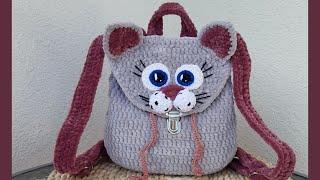 Crocheted plush backpack - cat with ears, crochet backpack.