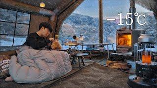 -15℃ Camping in Snow Mountain with My Dog . Inflatable Hot Tent . Wood Stove ASMR