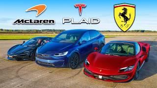 Кто победит в заезде: Tesla Model X PLAID или Ferrari 296 или же McLaren 750S?