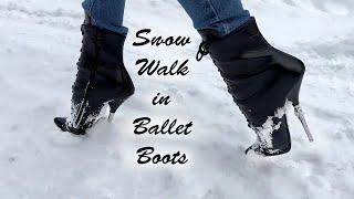 Julia trying to walk in 20cm Ballet High Heels Boots on the street, Ballet Boots on Snow (# 1213)