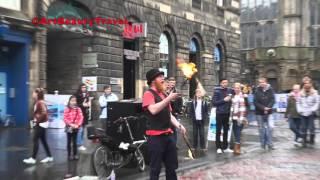 Street performance, FIRE  juggling, SCOTTISH HUMOR in Edinburgh, Scotland