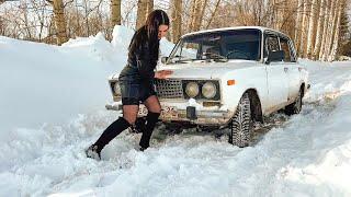 CAR STUCK || Christina got stuck in the snow in high heels