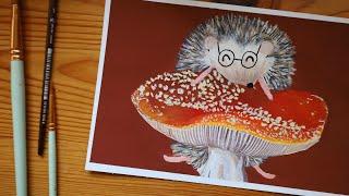 Paint a hedgehog with me | Fly Agaric illustration | cozy and windy January day 