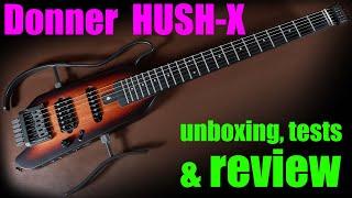 Donner HUSH-X, unboxing, sound tests and review.  Hush X electric travel guitar kit