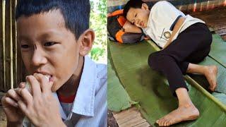 Orphan boy stayed home alone waiting for his mother, eating grapefruit.