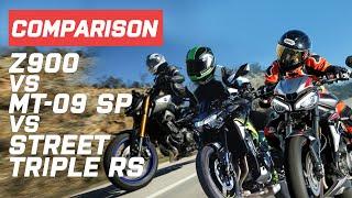 Kawasaki Z900 vs Triumph Street Triple RS vs Yamaha MT-09 SP | Visordown.com