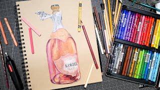 Sketching Champagne with Fancy Crayons and Colored Pencils on Toned Paper