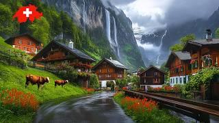 Walking in the Rain Switzerland 4K: Heavy Rain in Lauterbrunnen and Wengen. Rainy Day Switzerland