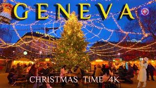 GENEVA SWITZERLAND  Christmas time Evening walking tour from Place du Molard / Markets & Streets 4K